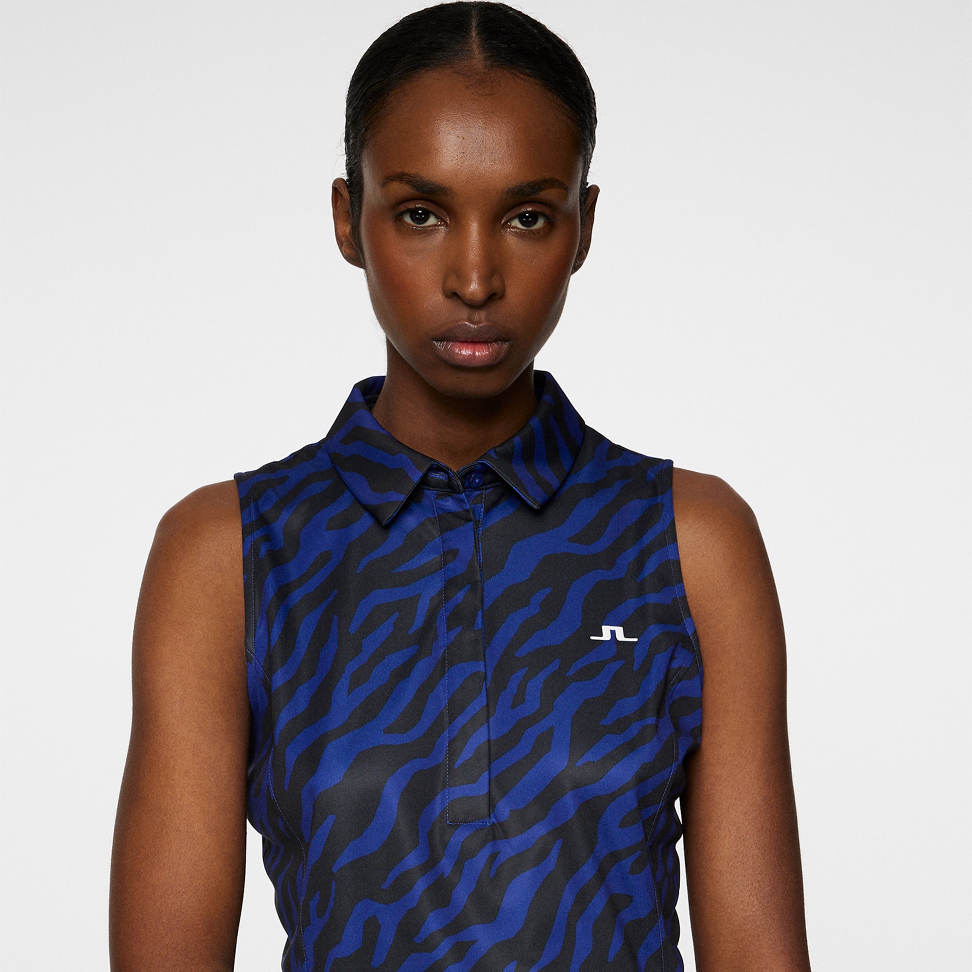 J Lindeberg Dena Print Ladies Sleeveless Golf Polo Shirt Tour Tiger Clematis